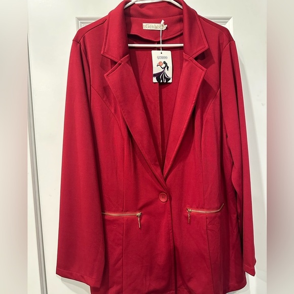Genhoo Women's Red Long Sleeve Blazer Open Front Cardigan Jacket Work - Picture 6 of 10